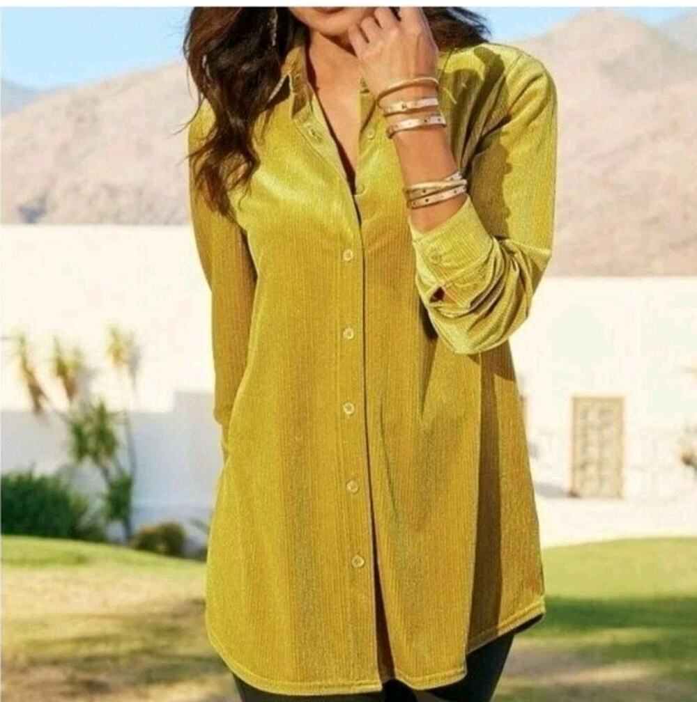 Soft Surroundings Ribbed Velvet Shimmer Tunic Shirt XL Mustard Gold Button Up
